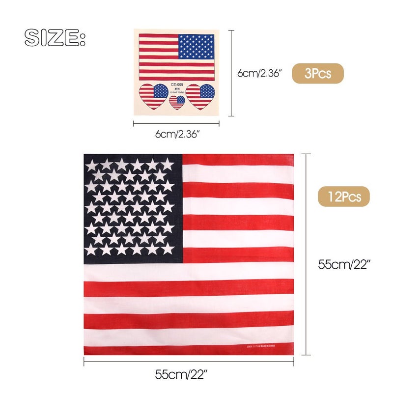 FEPITO 12 Pack American Flag Bandanas Headband USA Flag Kerchief and 12Pcs Tattoo Sticker for July 4th, Patriotic Event Accessories - Image 3